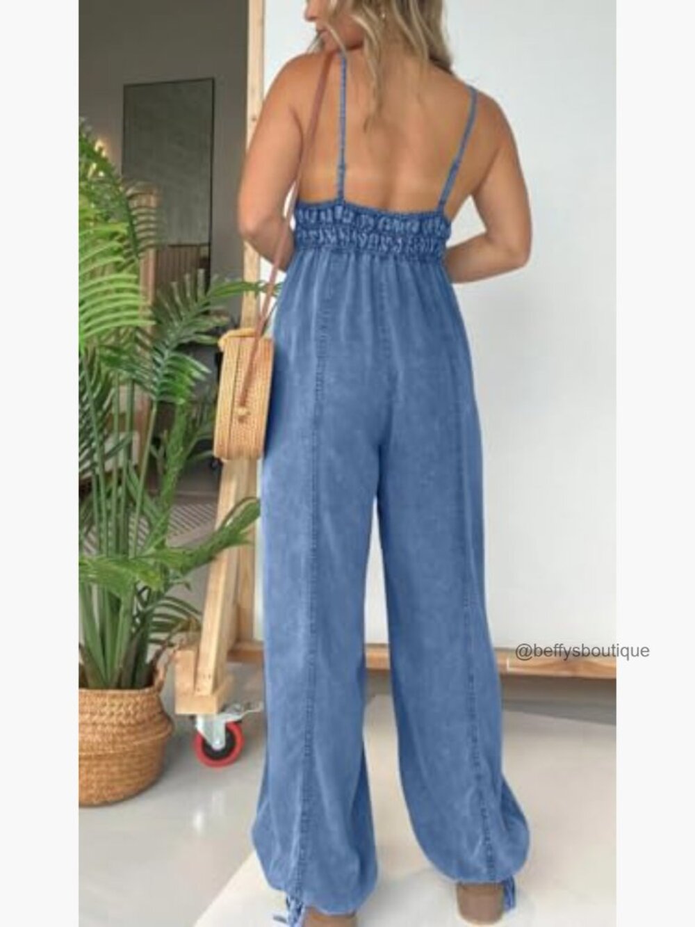 Smocked Elastic Waist Denim Jumpsuit Sleeveless Wide Leg Overall Romper - Picture 4 of 7